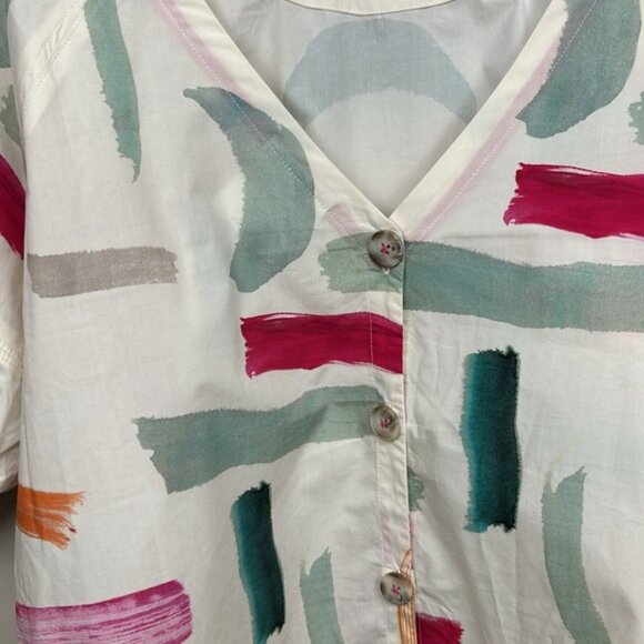 ANTHROPOLOGIE X Aimee Clarke button back brushstroke print short sleeve blouse - Picture 10 of 14
